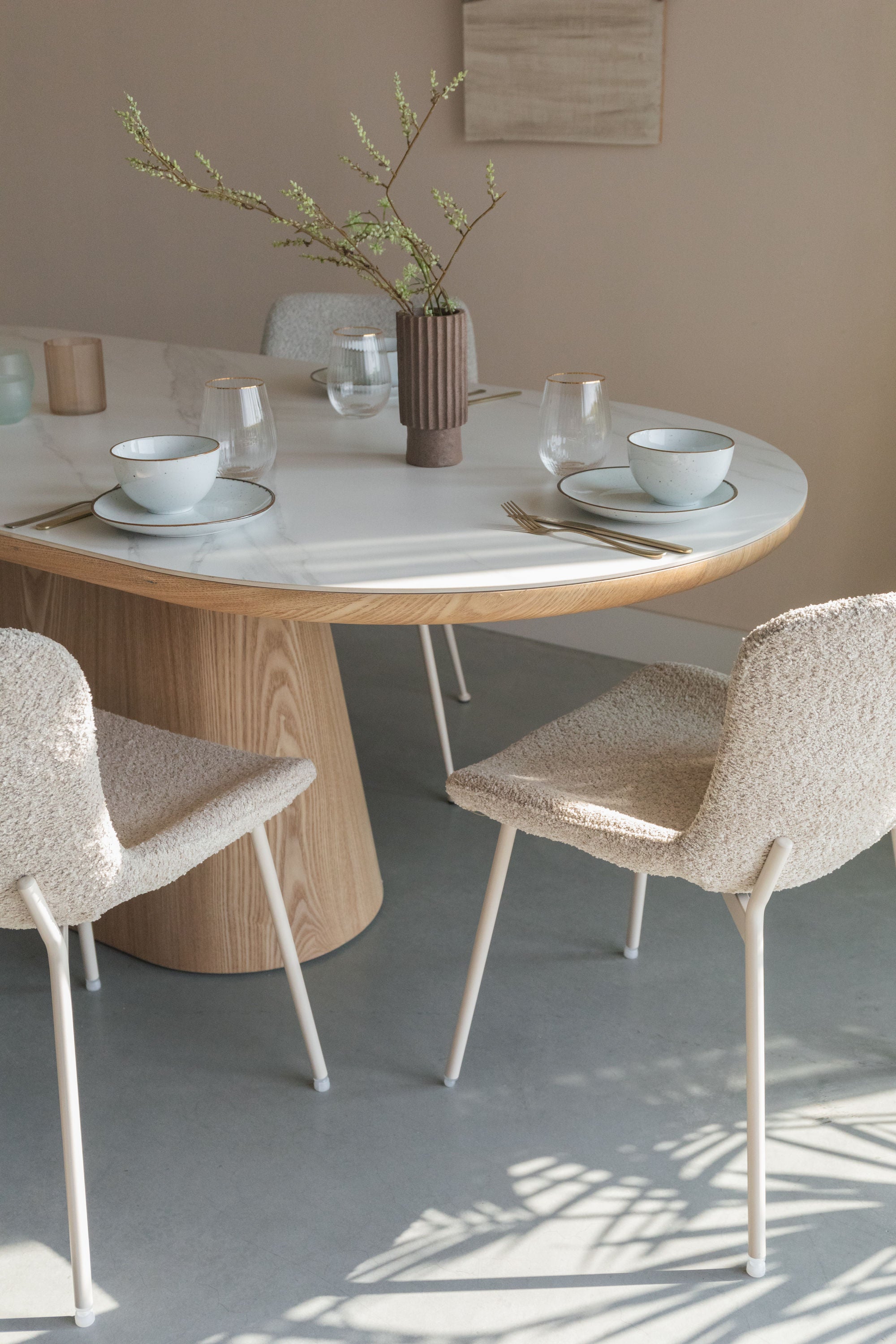 Almira Walnut Brown Oak Wood & White Marble Oval Dining Table 200cm